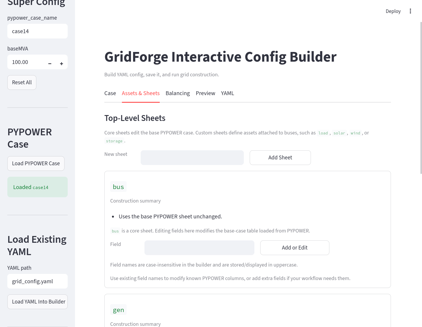 Editing sheets and assets in the GridForge visual app