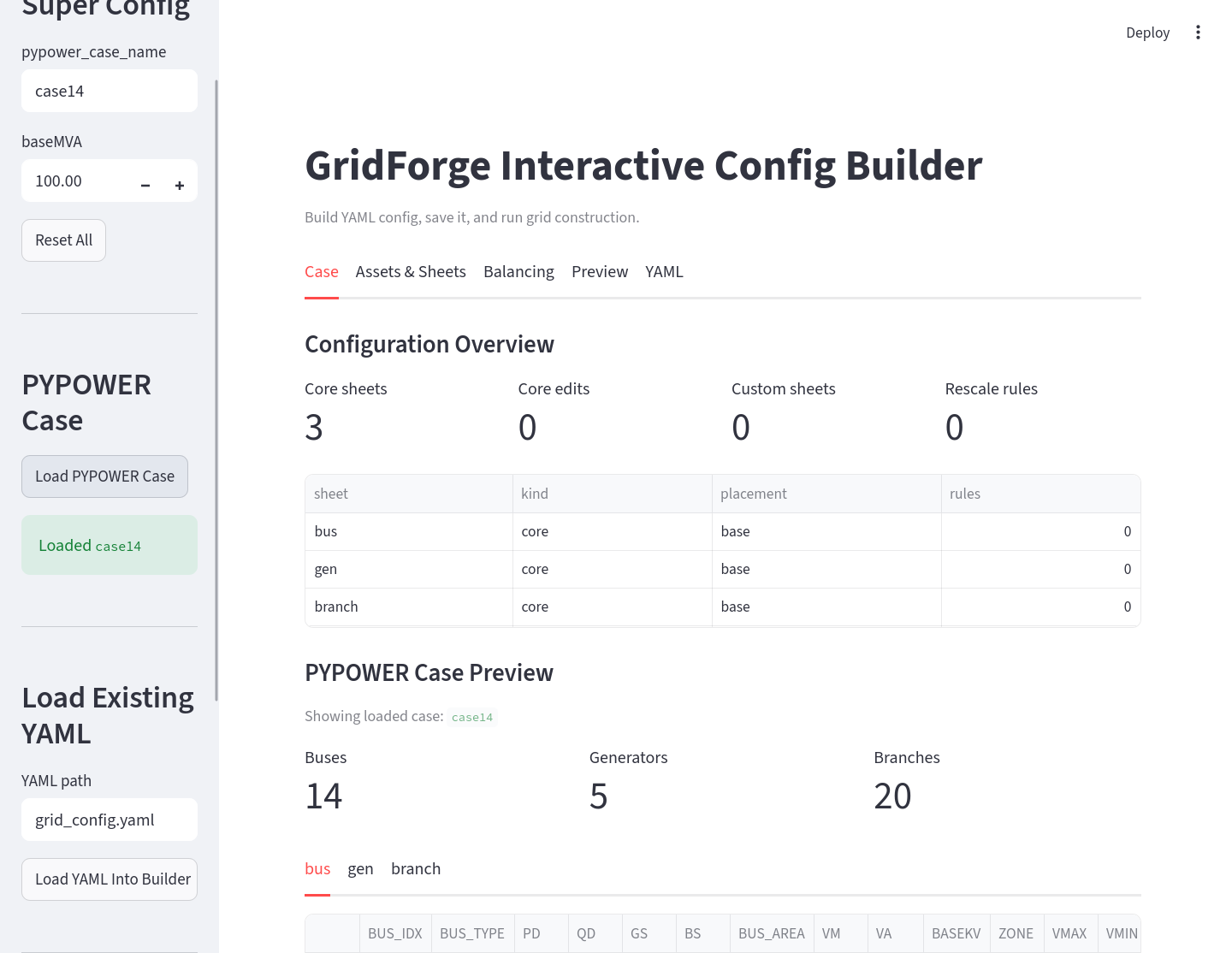 PYPOWER case preview in the GridForge visual app