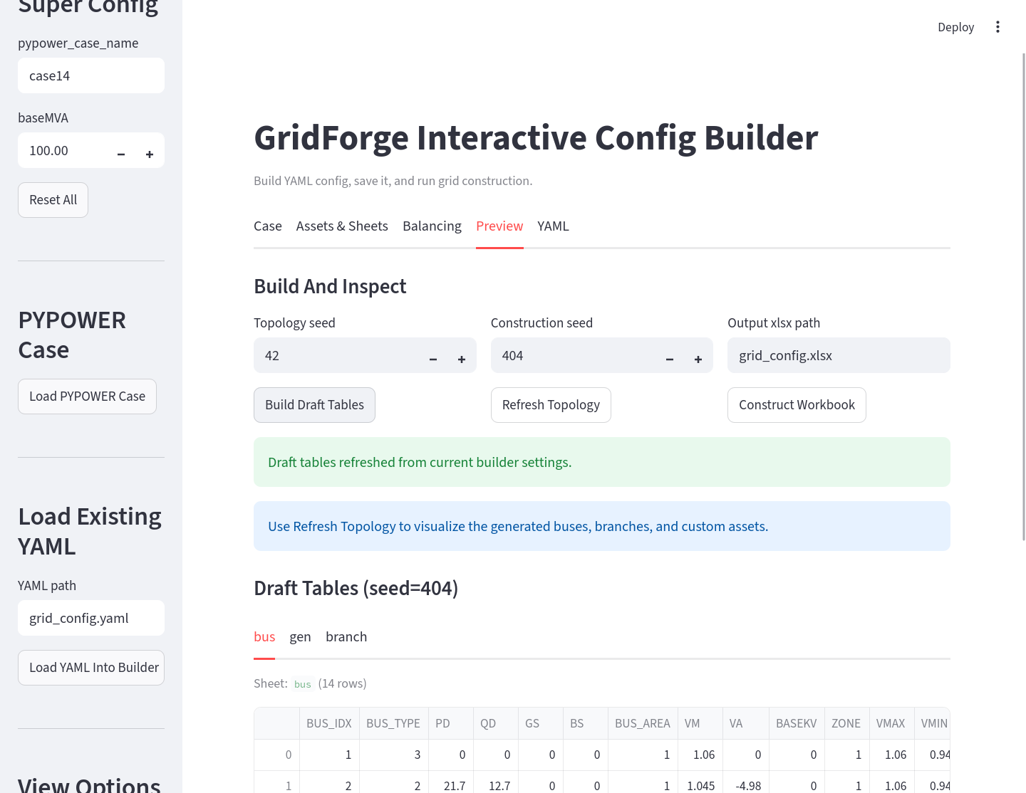 Generated workbook preview in the GridForge visual app