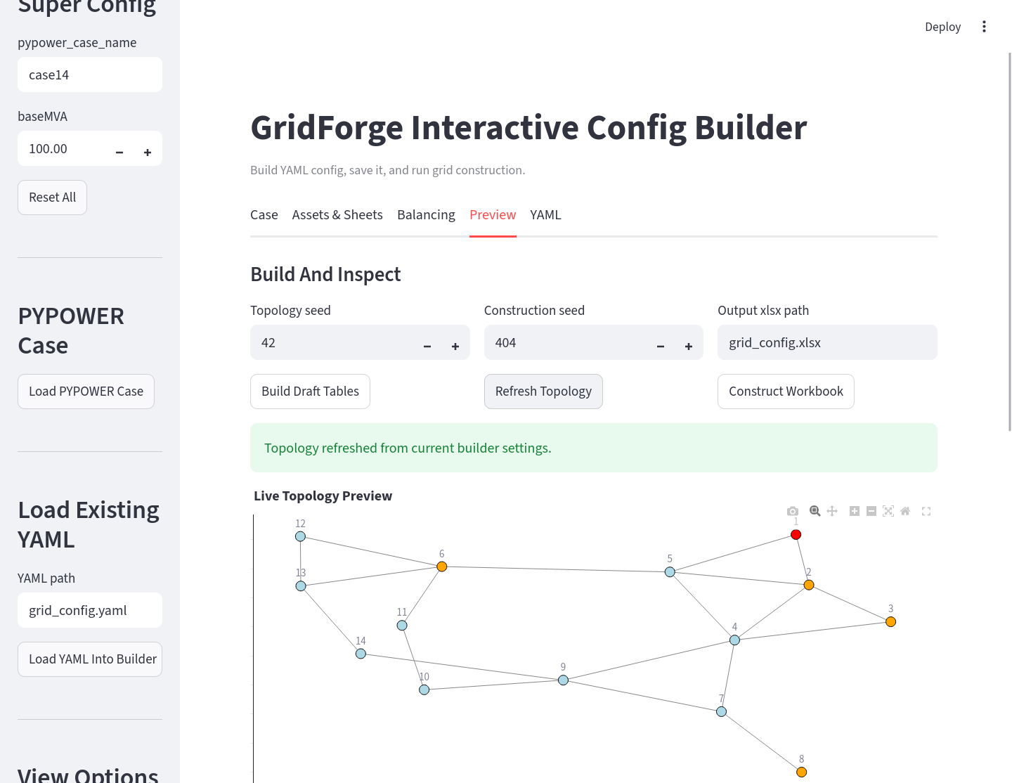 Topology preview in the GridForge visual app