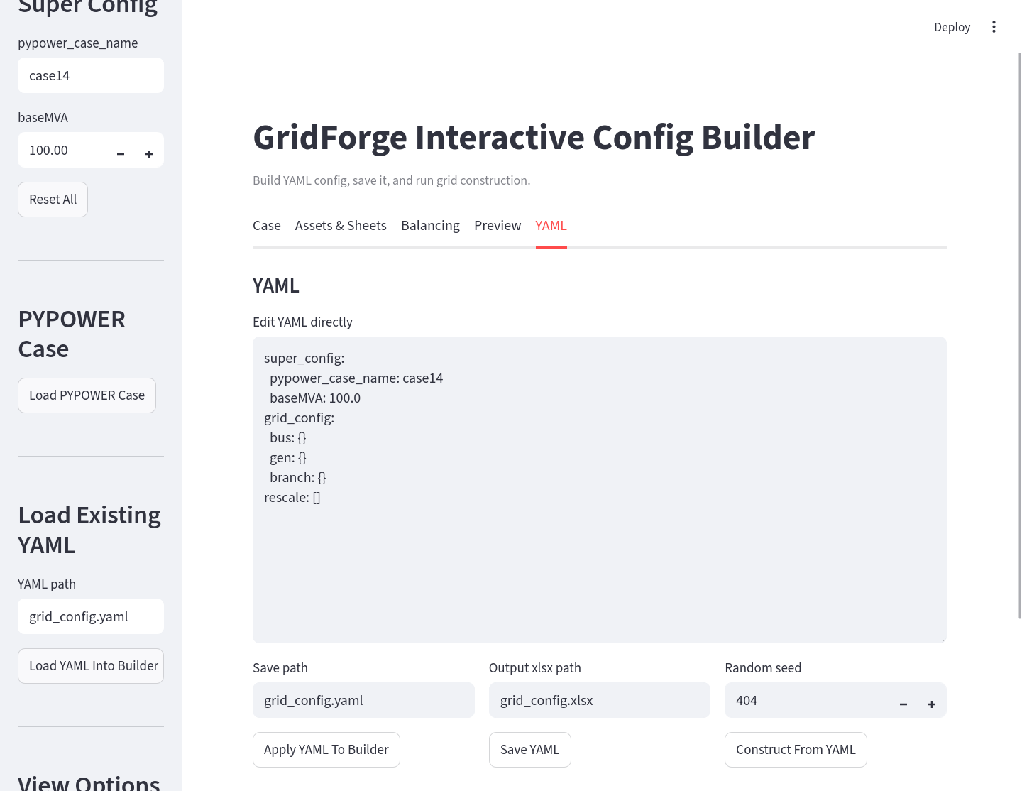 YAML export tab in the GridForge visual app